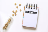 Cortisol word on the sheet with pills of cortisol with white background