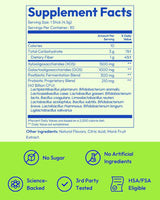 Modern Dose Biotic Blend supplement facts label detailing nutritional information with green background and key features highlighted - www.moderndose.com