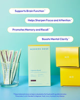 Modern Dose cognition boost product packaging with text on its benefits on a blue background - www.moderndose.com