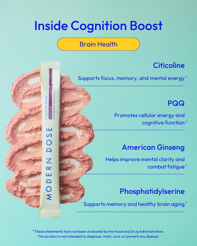 Modern Dose cognition boost stick pack with text on its ingredients on a light blue background - www.moderndose.com