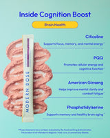 Modern Dose cognition boost stick pack with text on its ingredients on a light blue background - www.moderndose.com
