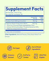 Modern Dose Cognition Boost supplement facts label with ingredients and health benefits on a green and yellow background - www.moderndose.com