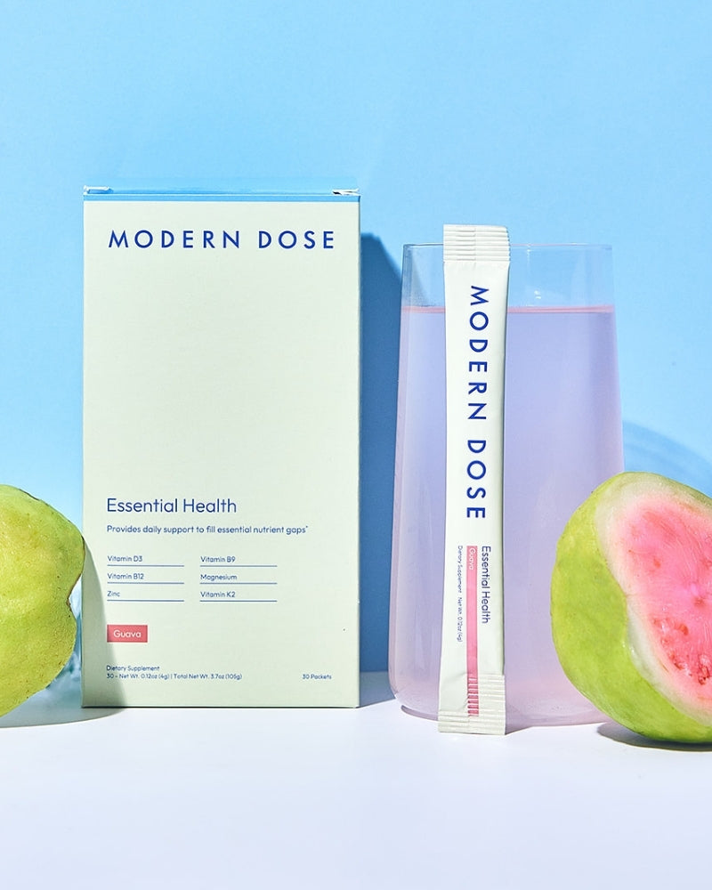 Modern Dose Essential Health supplement box, stick pack and drink with guavas - www.moderndose.com