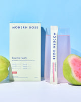 Modern Dose Essential Health supplement box, stick pack and drink with guavas - www.moderndose.com