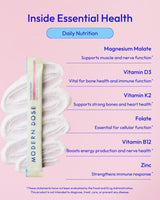Modern Dose supplement package with nutritional information - magnesium malate, d3, k2, folate, b12, zinc - on a pink background
