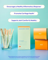 Modern Dose Joint Support supplement product packaging on a blue background with text about health benefits - www.moderndose.com