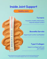 Modern Dose Joint Support stick pack with text about joint support ingredients on a light blue background - www.moderndose.com