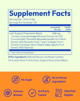 Modern Dose Joint Support supplement facts label with ingredients and claims on a green and orange background - www.moderndose.com