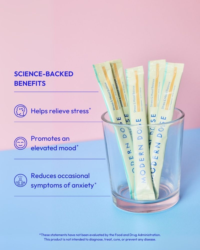Text describing science-backed benefits of Stress & Mood Balance supplement with a glass of stick packs 