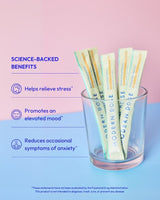 Text describing science-backed benefits of Stress & Mood Balance supplement with a glass of stick packs 