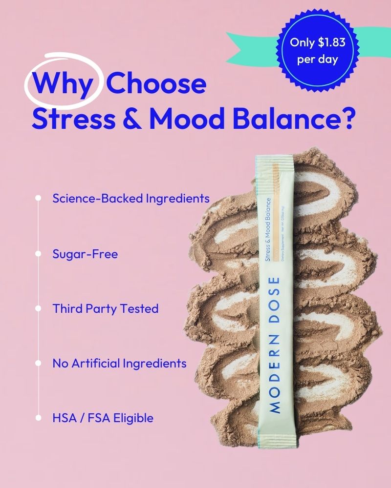 Text describing why to choose Modern Dose Stress & Mood Balance, the price per day and a stick pack with powder to the right