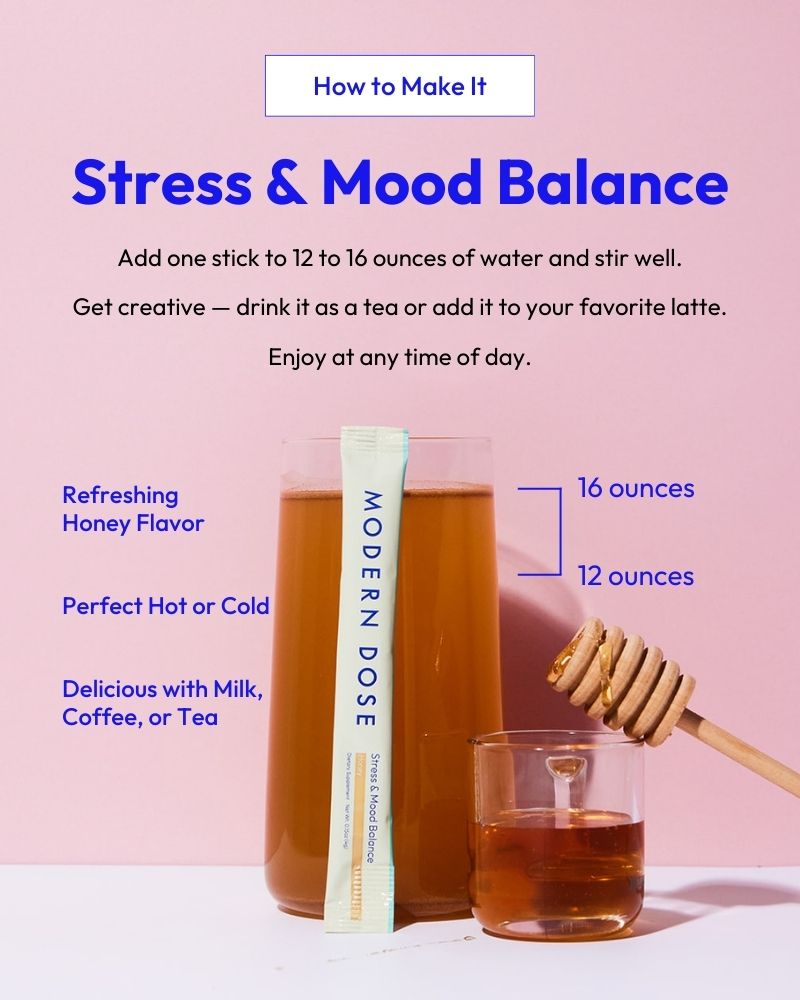 Instructions on how to make Stress & Mood Balance and an image of Modern Dose Stress & Mood Balance with a stick pack and jar of honey on a pink background