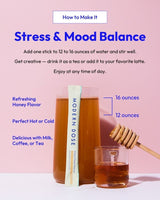 Instructions on how to make Stress & Mood Balance and an image of Modern Dose Stress & Mood Balance with a stick pack and jar of honey on a pink background