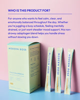 Modern Dose Stress & Mood Balance supplement packaging on a pink and blue gradient background with text describing who the product is made for
