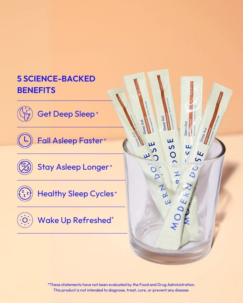 Glass with multiple sticks labeled 'Modern Dose' against a peach background with science-backed benefits listed.