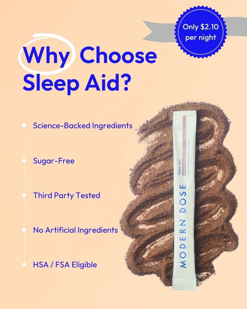 Promotional graphic for Modern Dose sleep aid with product benefits listed on a beige background
