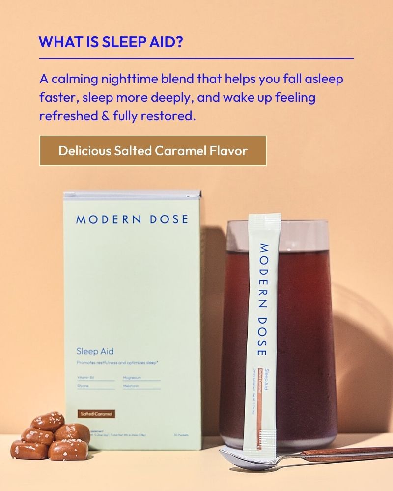 Modern Dose Sleep Aid Box, stick pack and glass of the drink with salted caramels and description of 'What is Sleep Aid?"'