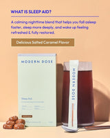 Modern Dose Sleep Aid Box, stick pack and glass of the drink with salted caramels and description of 'What is Sleep Aid?"'