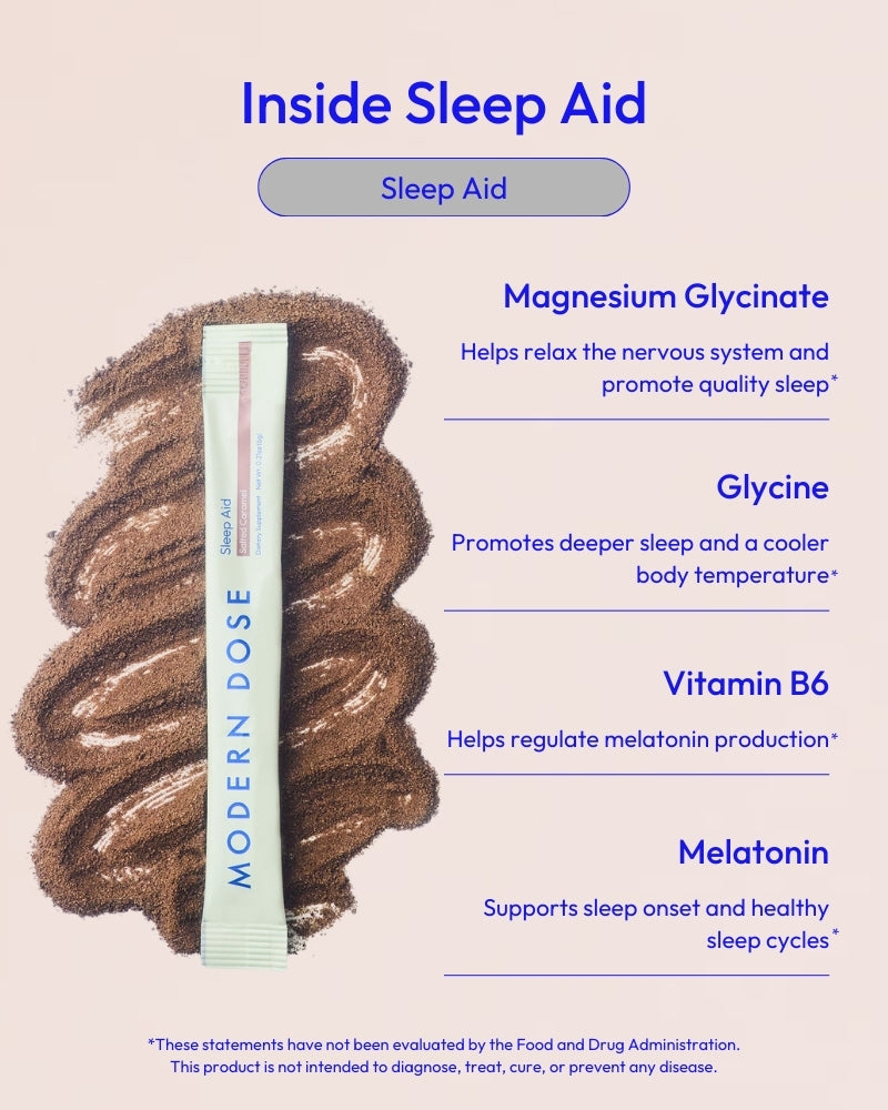 Modern Dose Sleep aid stick pack and text about Sleep Aid supplement ingredients on a beige background - www.moderndose.com