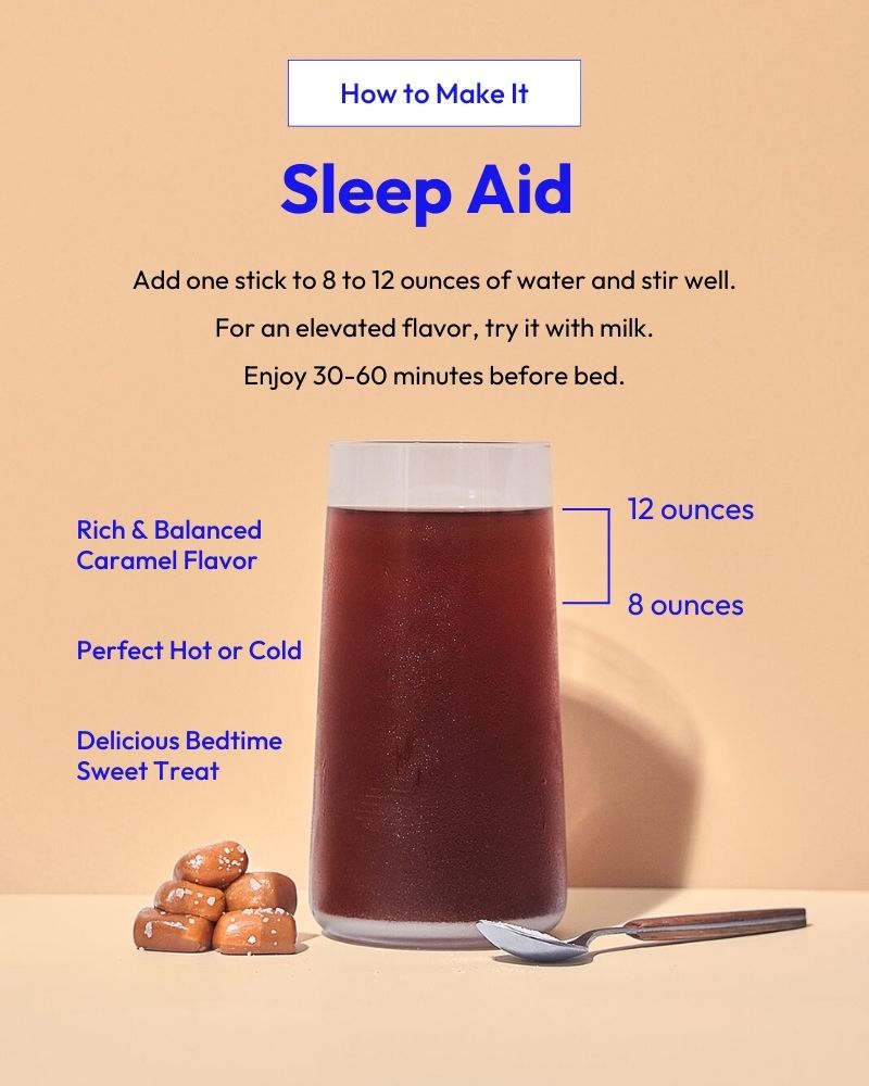 Sleep aid product with instructions and flavor details on a beige background