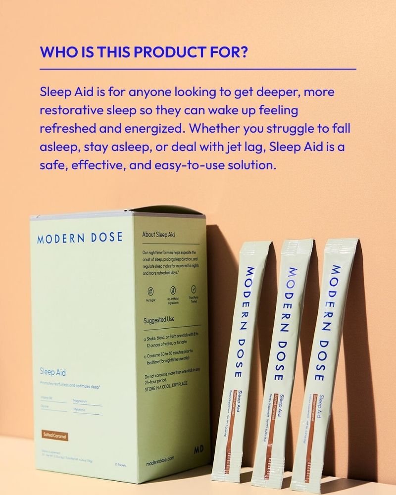 Modern Dose sleep aid packaging on a peach background with text about who the product is for